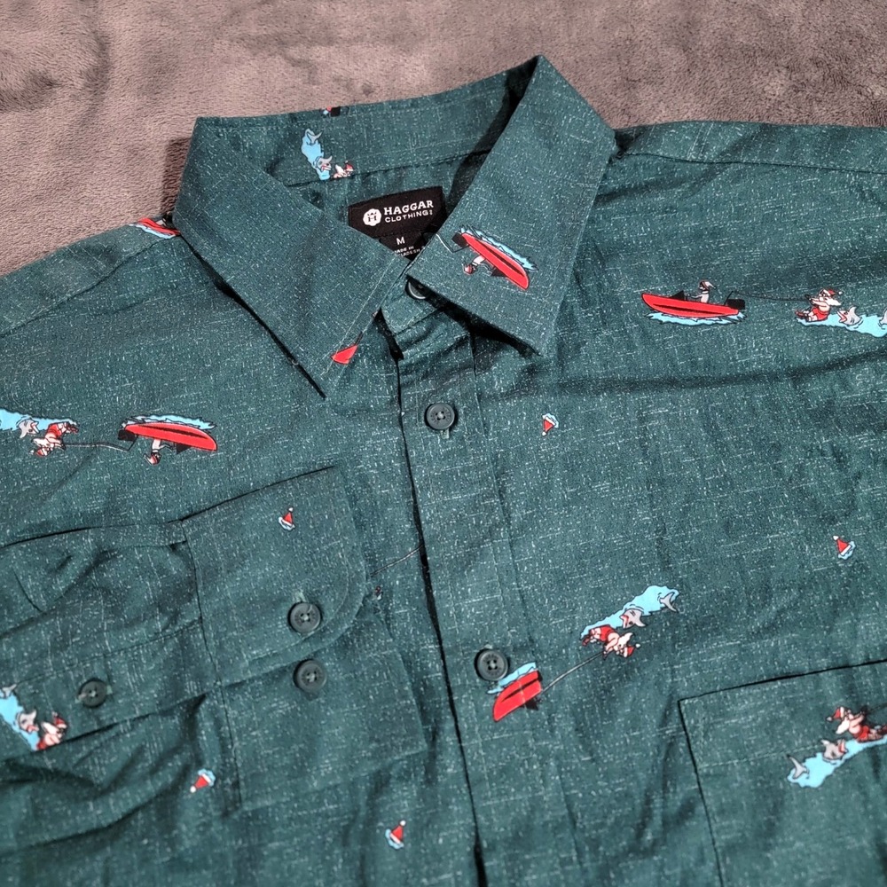 Christmas Shirt Men Med Green Santa Jet Ski Shark Funny AOP Haggar NWT HolidaY